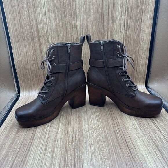 Korks Diana Faux Brown Leather Lace-up Buckle Platform Bootie Women’s 10 M - Picture 6 of 9
